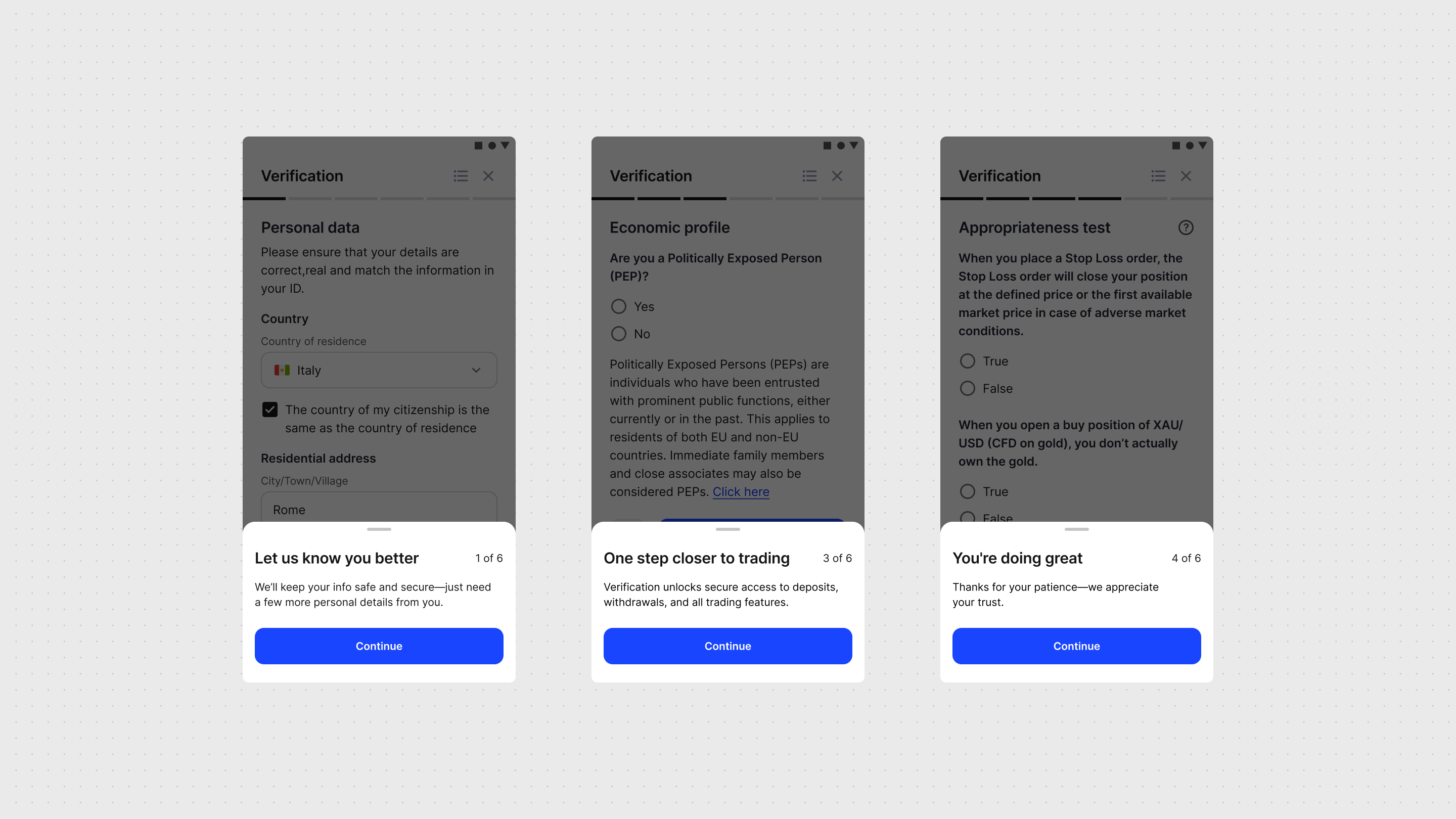 Three bottom sheets shown before critical verification steps, explaining why data is needed, what unlocks next, and reassuring users of progress