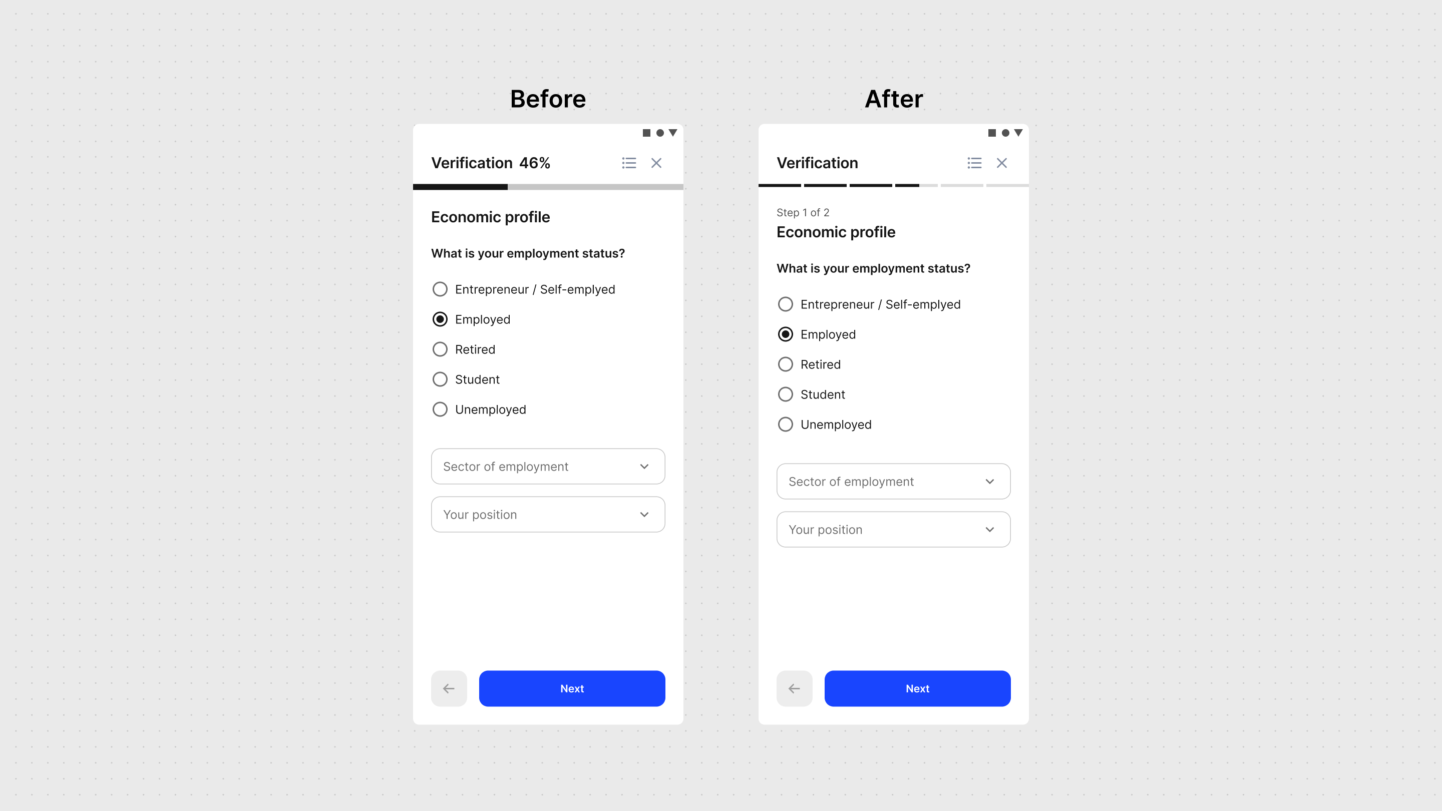 Before/after comparison of the Economic profile step: a single top progress bar vs. a segmented step indicator with per-step progress