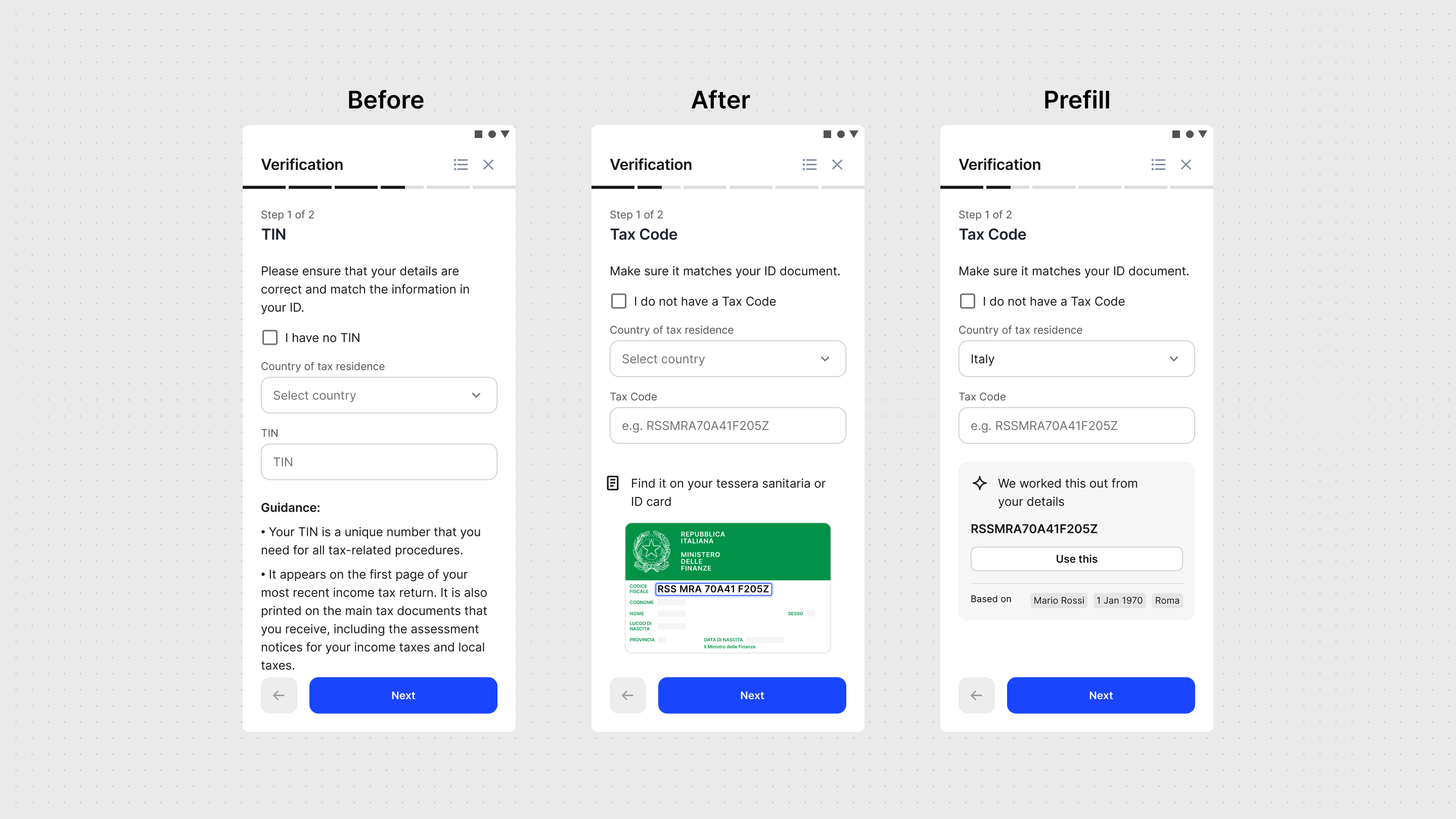 Before/after/prefill comparison of the Tax Code step: generic TIN field vs. localized Codice Fiscale field with a document hint and an auto-prefilled suggestion